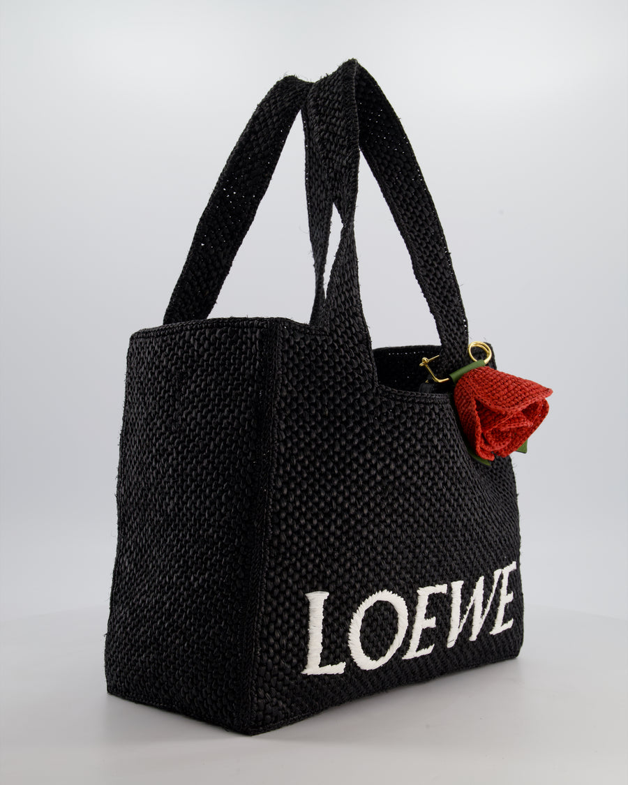 Loewe x Paula's Ibiza Medium Black Raffia Logo Tote Bag with Red Rose Brooch RRP £1,250