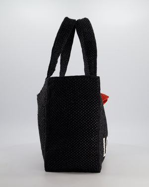 Loewe x Paula's Ibiza Medium Black Raffia Logo Tote Bag with Red Rose Brooch RRP £1,250