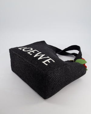 Loewe x Paula's Ibiza Medium Black Raffia Logo Tote Bag with Red Rose Brooch RRP £1,250
