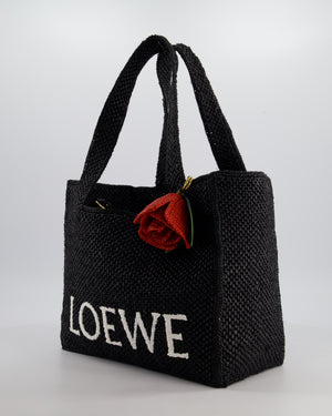 Loewe x Paula's Ibiza Medium Black Raffia Logo Tote Bag with Red Rose Brooch RRP £1,250