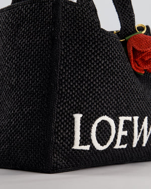 Loewe x Paula's Ibiza Medium Black Raffia Logo Tote Bag with Red Rose Brooch RRP £1,250