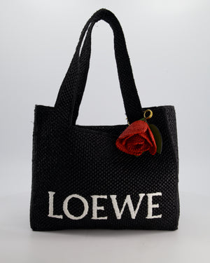 Loewe x Paula's Ibiza Medium Black Raffia Logo Tote Bag with Red Rose Brooch RRP £1,250