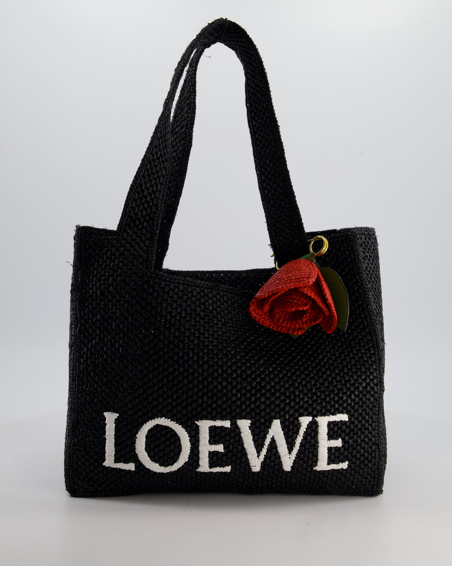 Loewe x Paula's Ibiza Medium Black Raffia Logo Tote Bag with Red Rose Brooch RRP £1,250