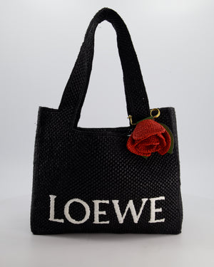 Loewe x Paula's Ibiza Medium Black Raffia Logo Tote Bag with Red Rose Brooch RRP £1,250