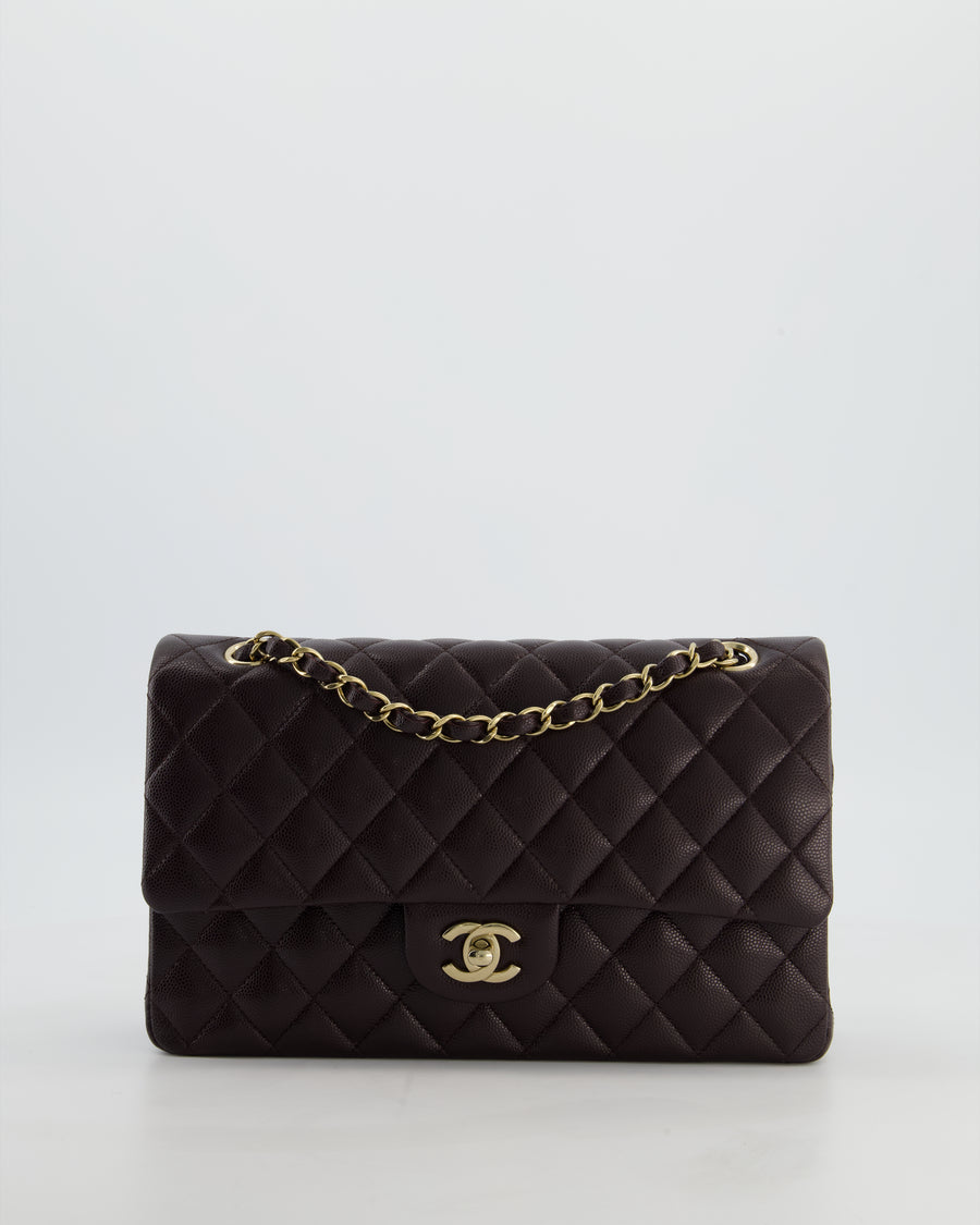*HOT* Chanel Dark Chocolate Classic Medium Double Flap Bag in Caviar Leather with Champagne Gold Hardware