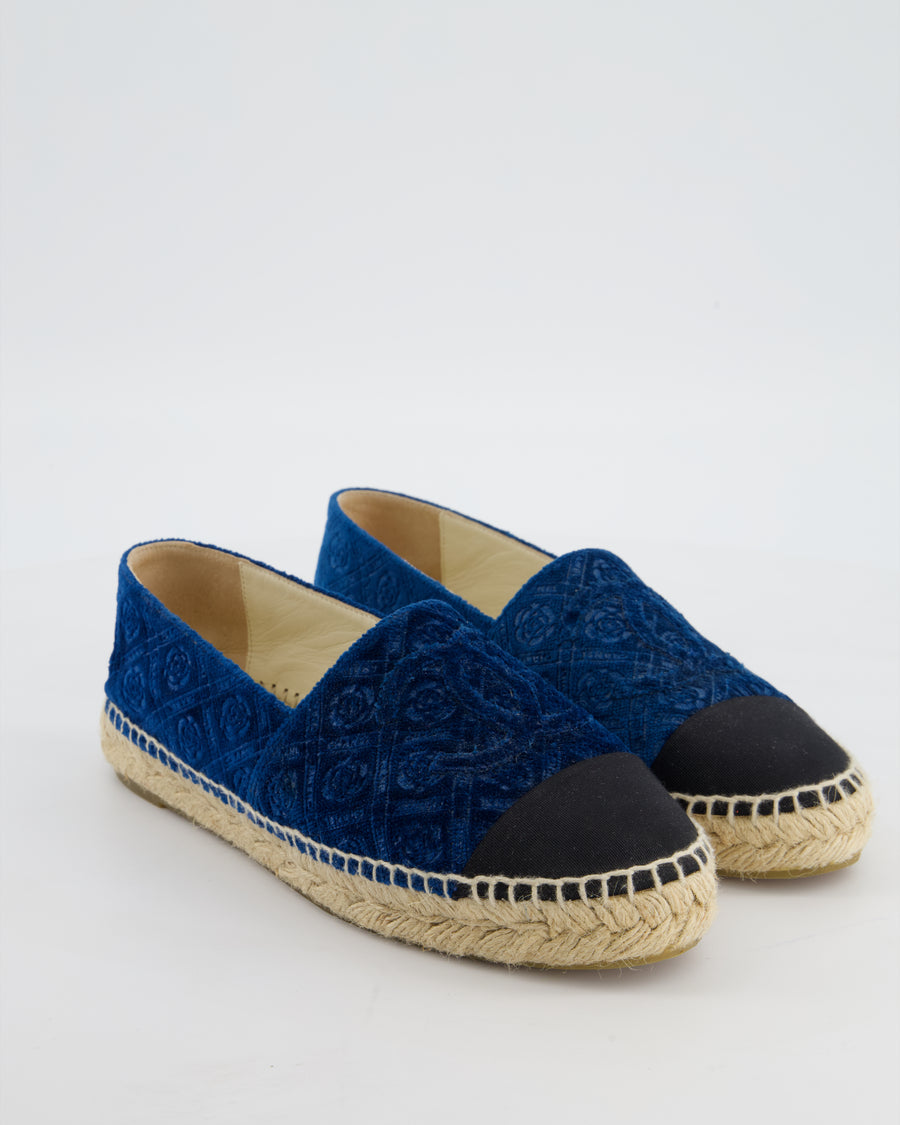 Chanel Blue Velvet Rose Print Espadrilles with CC Logo Size EU 37