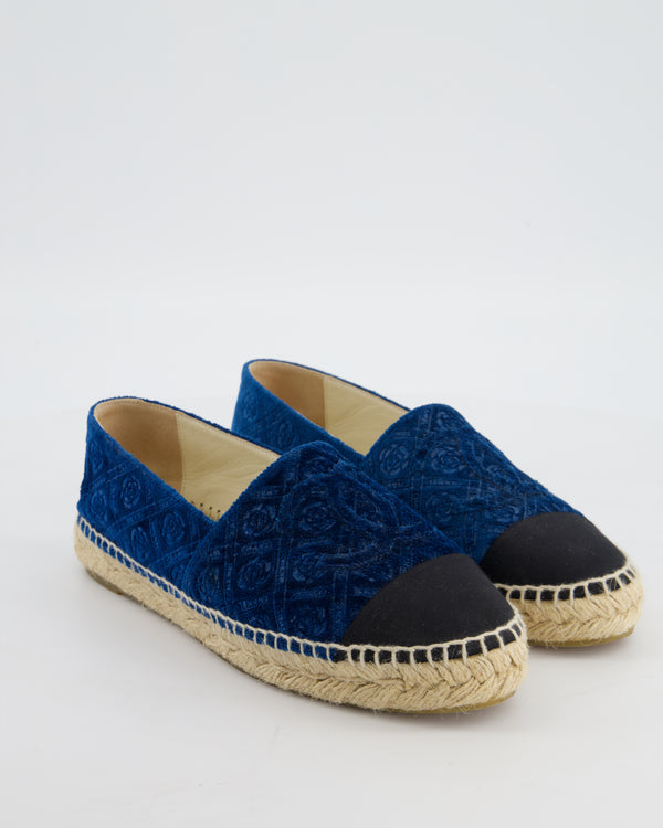 Chanel Blue Velvet Rose Print Espadrilles with CC Logo Size EU 37