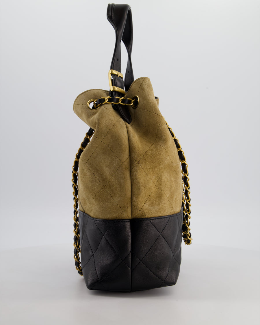 Chanel 25A Brown Suede Black Shiny Calfskin Coco Shopping Hobo Bag with Brushed Gold Hardware
