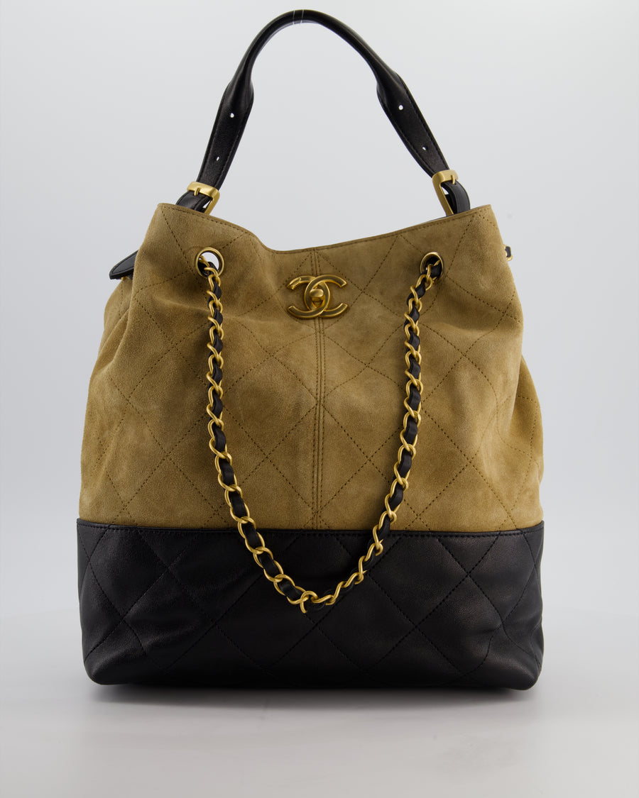 Chanel 25A Brown Suede Black Shiny Calfskin Coco Shopping Hobo Bag with Brushed Gold Hardware