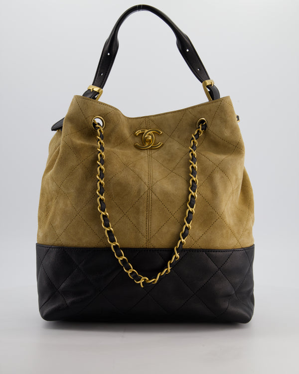 Chanel 25A Brown Suede Black Shiny Calfskin Coco Shopping Hobo Bag with Brushed Gold Hardware
