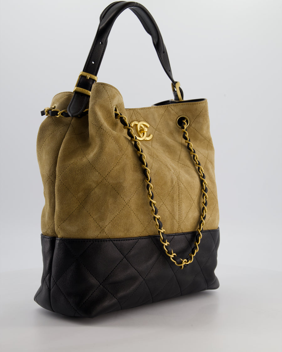 Chanel 25A Brown Suede Black Shiny Calfskin Coco Shopping Hobo Bag with Brushed Gold Hardware