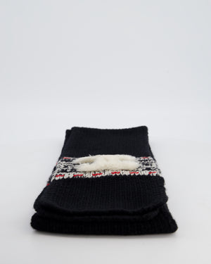 Chanel Black Knitted Wool Scarf with White Furry CC Logo One Size