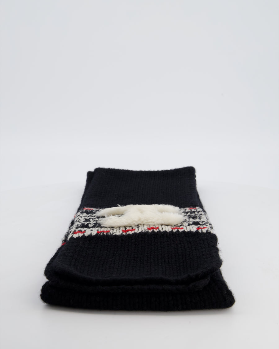 Chanel Black Knitted Wool Scarf with White Furry CC Logo One Size