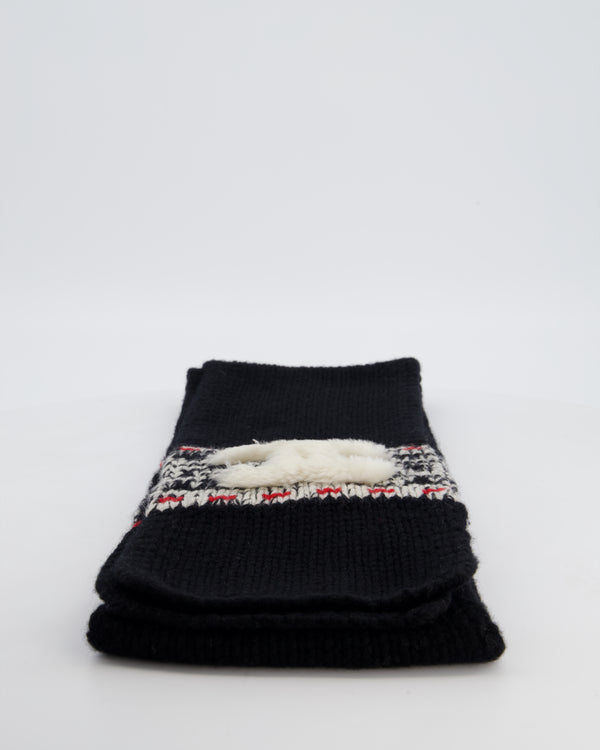 Chanel Black Knitted Wool Scarf with White Furry CC Logo One Size