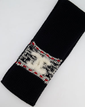 Chanel Black Knitted Wool Scarf with White Furry CC Logo One Size