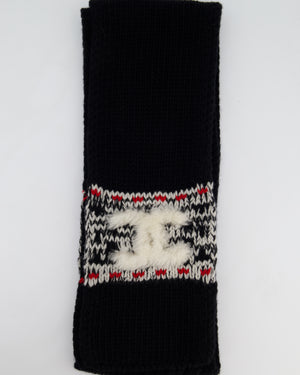 Chanel Black Knitted Wool Scarf with White Furry CC Logo One Size