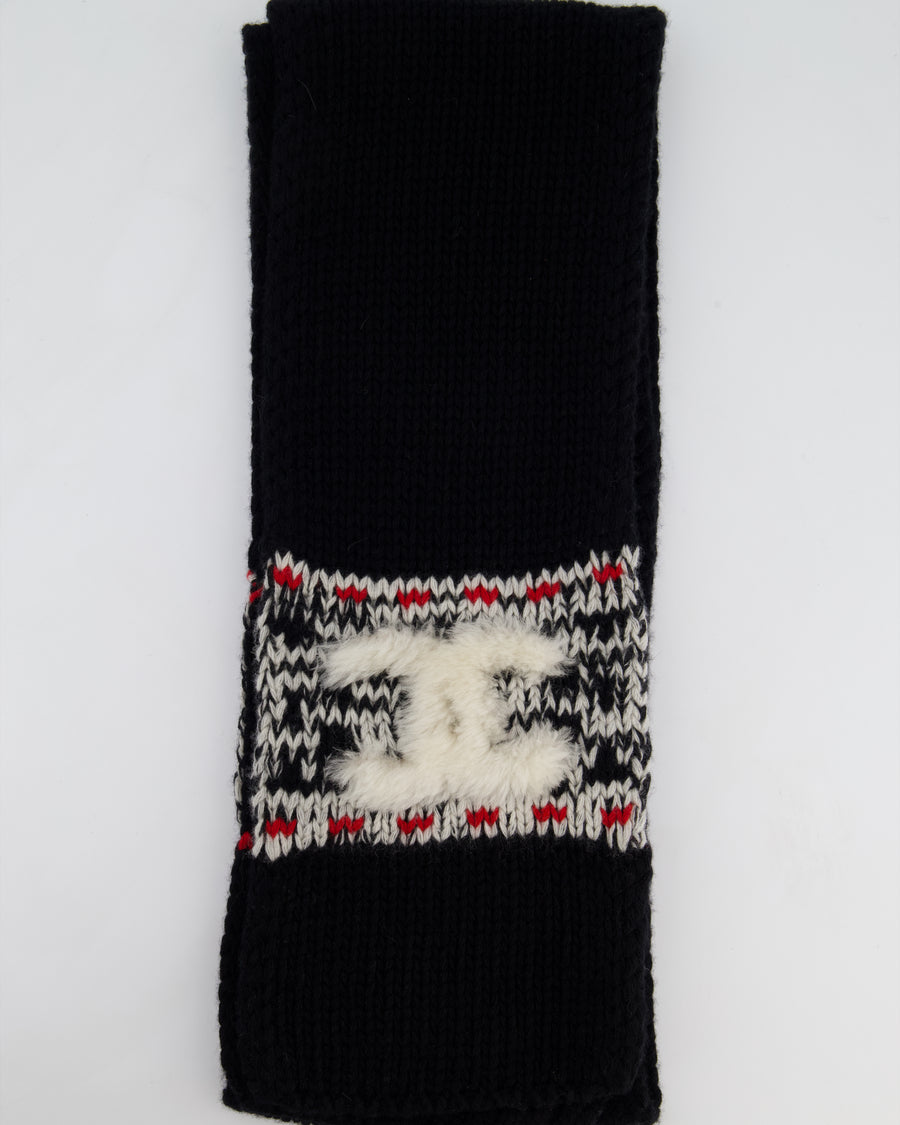 Chanel Black Knitted Wool Scarf with White Furry CC Logo One Size