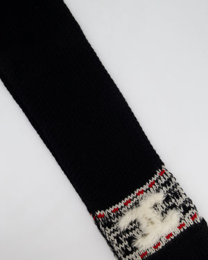 Chanel Black Knitted Wool Scarf with White Furry CC Logo One Size