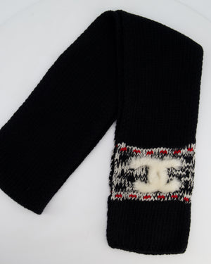Chanel Black Knitted Wool Scarf with White Furry CC Logo One Size