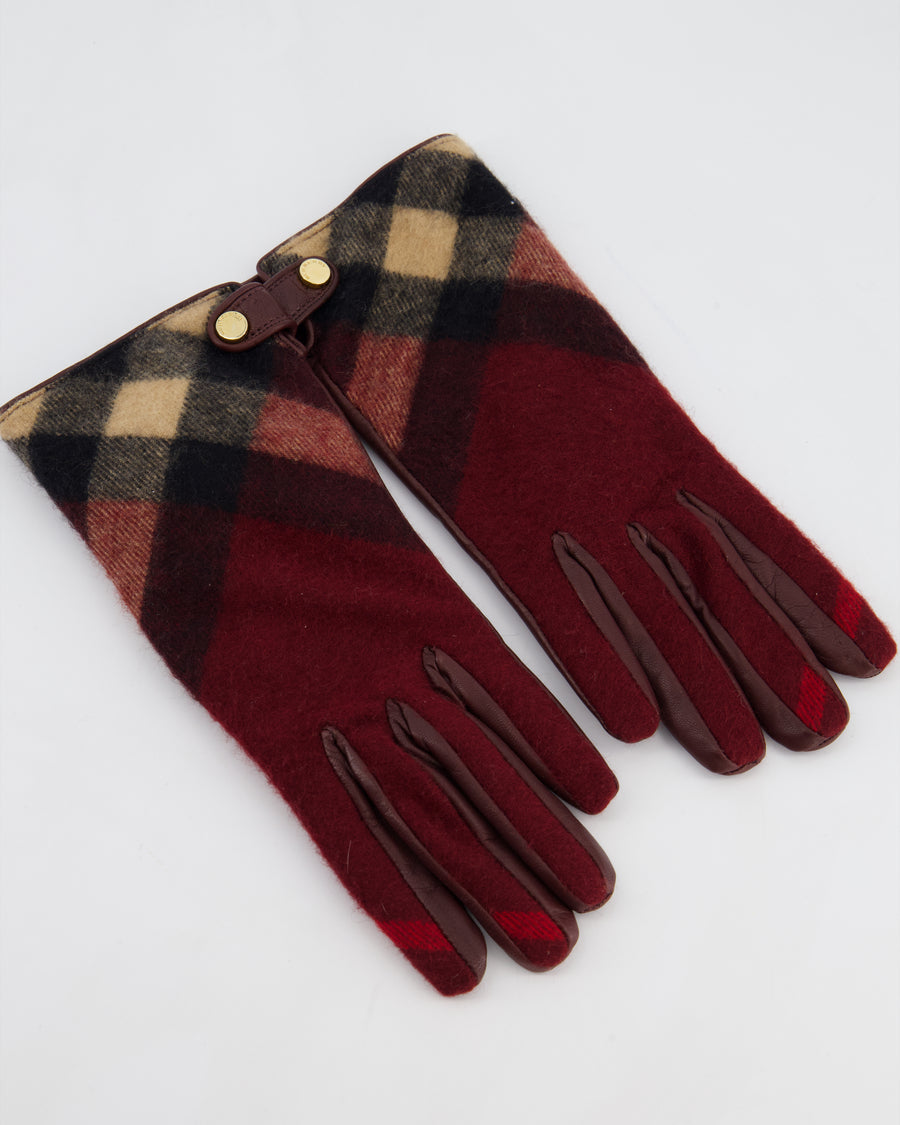 Burberry Burgundy Leather Gloves with Red Cashmere Plaid Lining Size 7
