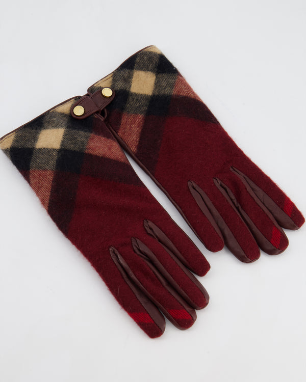 Burberry Burgundy Leather Gloves with Red Cashmere Plaid Lining Size 7
