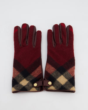 Burberry Burgundy Leather Gloves with Red Cashmere Plaid Lining Size 7