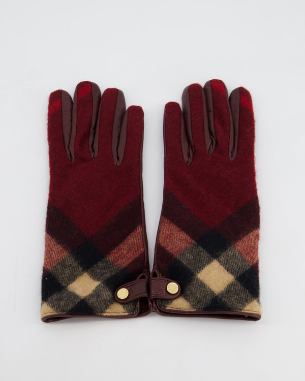 Burberry Burgundy Leather Gloves with Red Cashmere Plaid Lining Size 7
