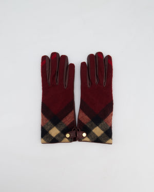 Burberry Burgundy Leather Gloves with Red Cashmere Plaid Lining Size 7