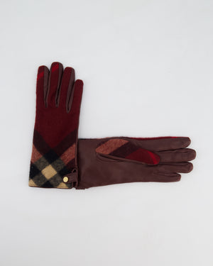 Burberry Burgundy Leather Gloves with Red Cashmere Plaid Lining Size 7