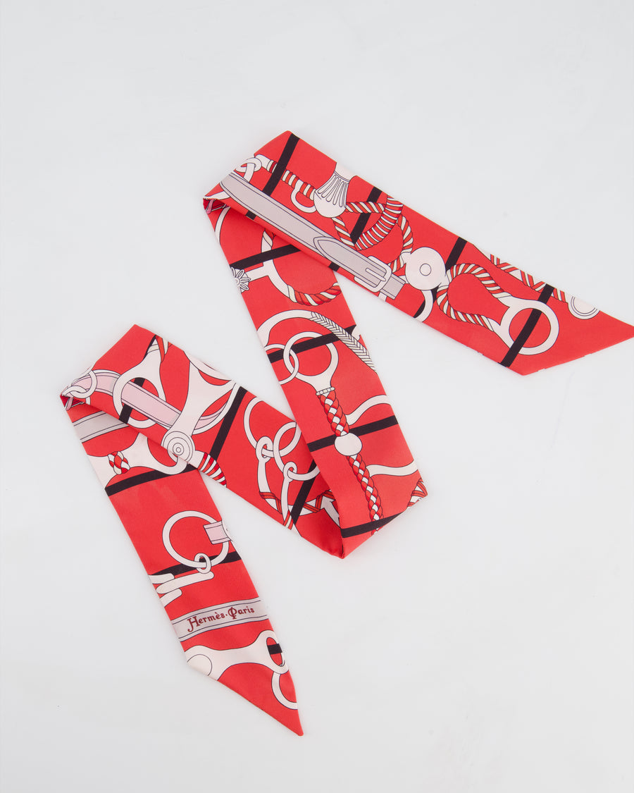Hermès Red, Pink, and White Panoplie Equestre Silk Twilly