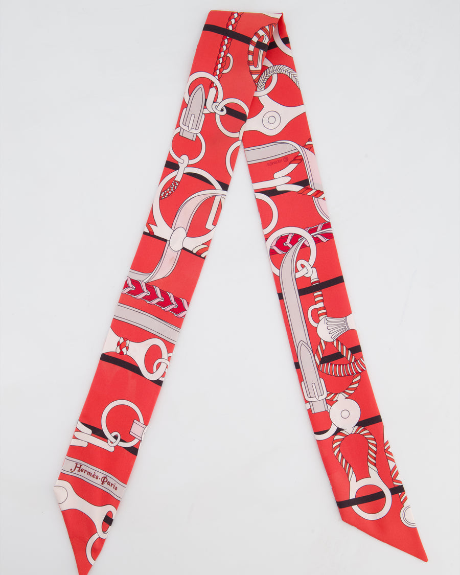 Hermès Red, Pink, and White Panoplie Equestre Silk Twilly