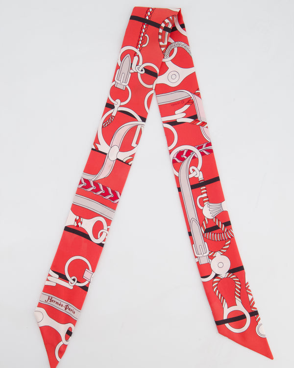 Hermès Red, Pink, and White Panoplie Equestre Silk Twilly
