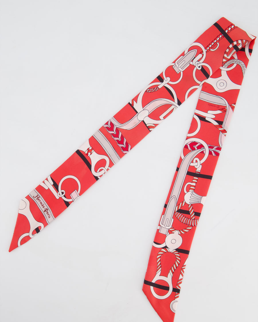 Hermès Red, Pink, and White Panoplie Equestre Silk Twilly