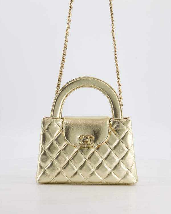 *HOT* Chanel Gold Small Mini Kelly Shopping Bag in Shiny Metallic Calfskin Leather with Metallic Gold Hardware