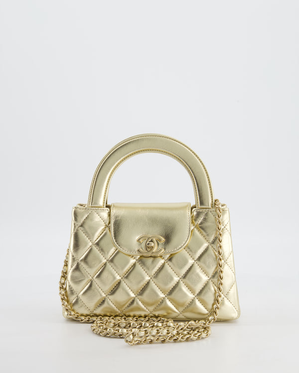 *HOT* Chanel Gold Small Mini Kelly Shopping Bag in Shiny Metallic Calfskin Leather with Metallic Gold Hardware