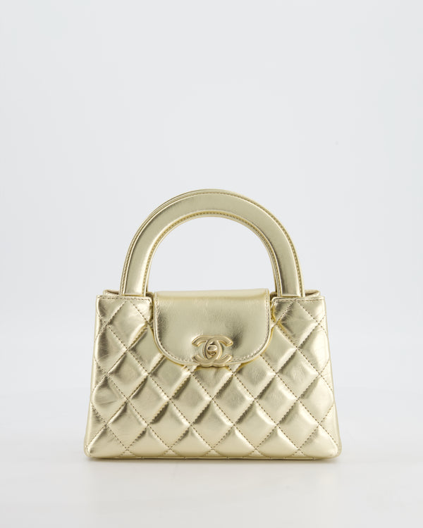 *HOT* Chanel Gold Small Mini Kelly Shopping Bag in Shiny Metallic Calfskin Leather with Metallic Gold Hardware