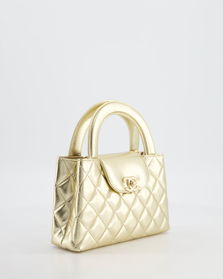 *HOT* Chanel Gold Small Mini Kelly Shopping Bag in Shiny Metallic Calfskin Leather with Metallic Gold Hardware