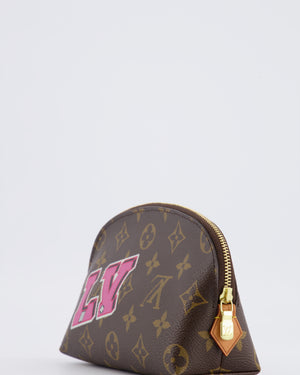 Lous Vuitton Brown Monogram LV Story Pochette Cosmetic PM Pouch Bag with Embroidered Rose and Pink and Blue Logo Prints