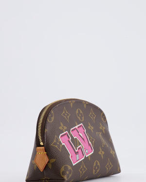 Lous Vuitton Brown Monogram LV Story Pochette Cosmetic PM Pouch Bag with Embroidered Rose and Pink and Blue Logo Prints