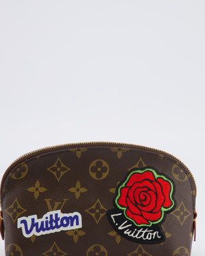 Lous Vuitton Brown Monogram LV Story Pochette Cosmetic PM Pouch Bag with Embroidered Rose and Pink and Blue Logo Prints