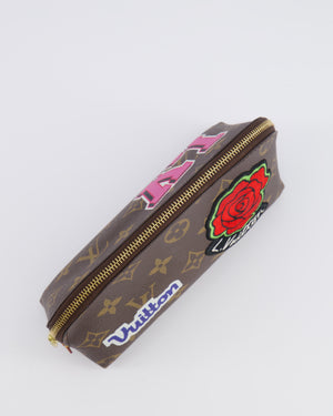 Lous Vuitton Brown Monogram LV Story Pochette Cosmetic PM Pouch Bag with Embroidered Rose and Pink and Blue Logo Prints
