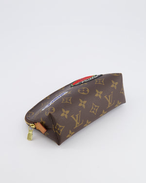 Lous Vuitton Brown Monogram LV Story Pochette Cosmetic PM Pouch Bag with Embroidered Rose and Pink and Blue Logo Prints
