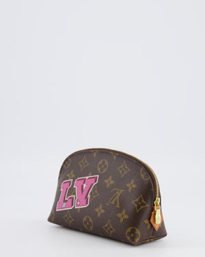Lous Vuitton Brown Monogram LV Story Pochette Cosmetic PM Pouch Bag with Embroidered Rose and Pink and Blue Logo Prints