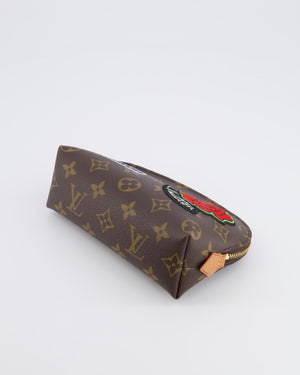 Lous Vuitton Brown Monogram LV Story Pochette Cosmetic PM Pouch Bag with Embroidered Rose and Pink and Blue Logo Prints