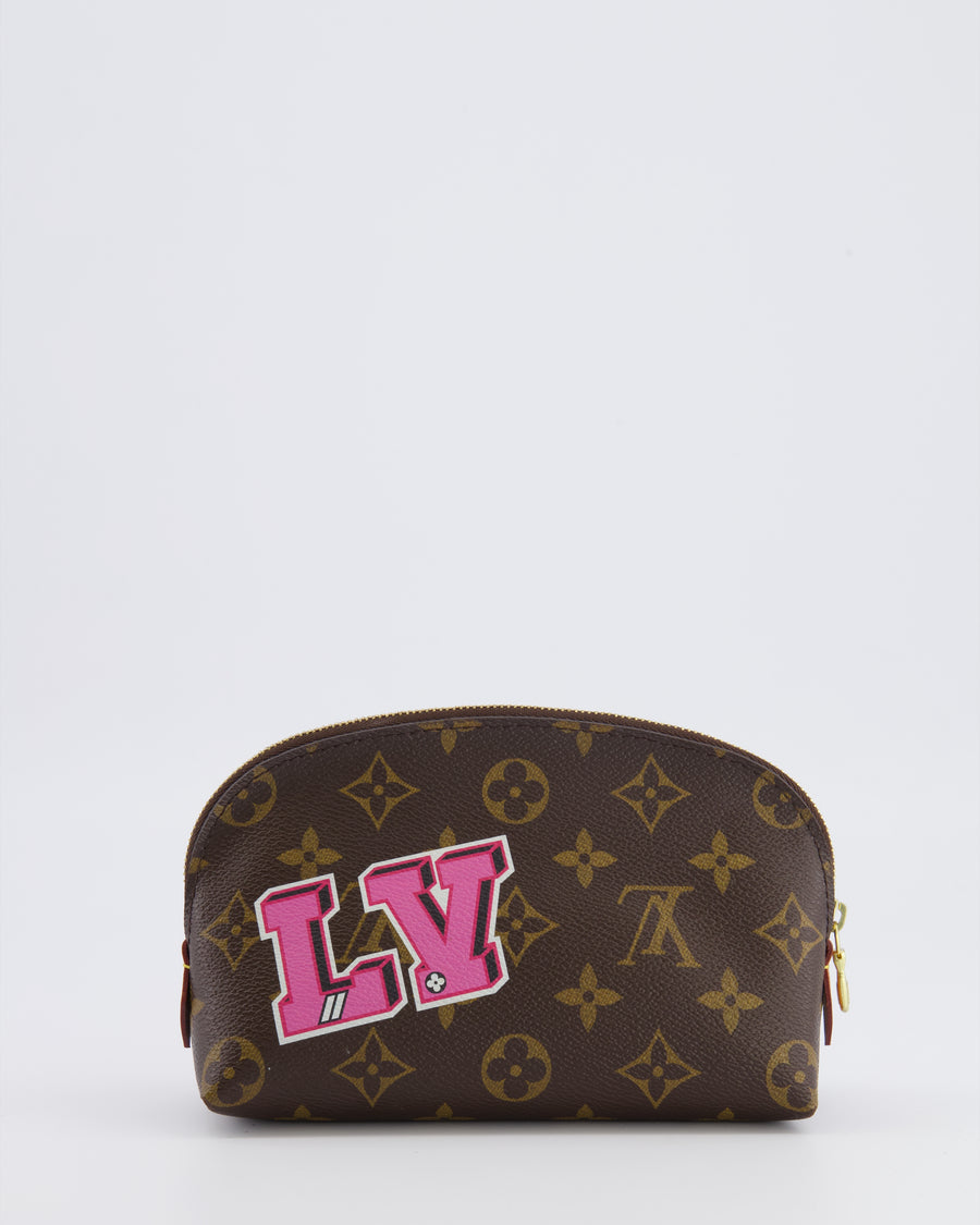 Lous Vuitton Brown Monogram LV Story Pochette Cosmetic PM Pouch Bag with Embroidered Rose and Pink and Blue Logo Prints