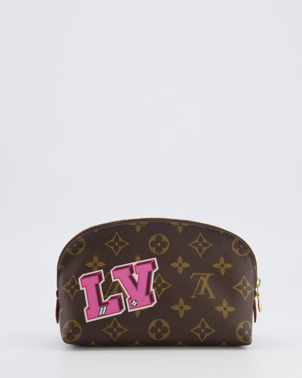 Lous Vuitton Brown Monogram LV Story Pochette Cosmetic PM Pouch Bag with Embroidered Rose and Pink and Blue Logo Prints