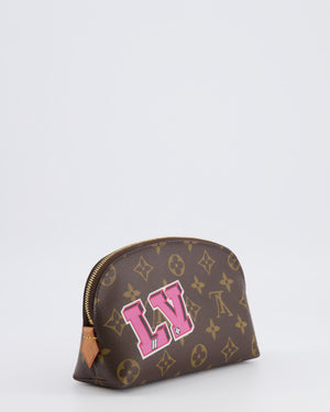 Lous Vuitton Brown Monogram LV Story Pochette Cosmetic PM Pouch Bag with Embroidered Rose and Pink and Blue Logo Prints
