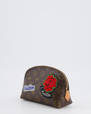 Lous Vuitton Brown Monogram LV Story Pochette Cosmetic PM Pouch Bag with Embroidered Rose and Pink and Blue Logo Prints