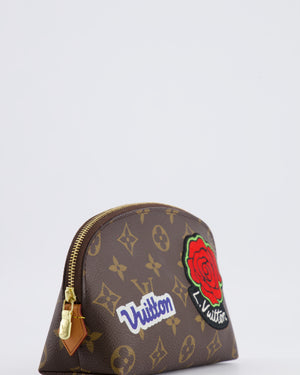 Lous Vuitton Brown Monogram LV Story Pochette Cosmetic PM Pouch Bag with Embroidered Rose and Pink and Blue Logo Prints