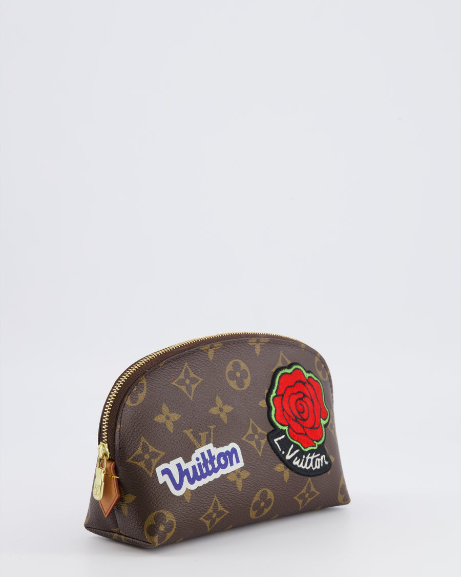 Lous Vuitton Brown Monogram LV Story Pochette Cosmetic PM Pouch Bag with Embroidered Rose and Pink and Blue Logo Prints